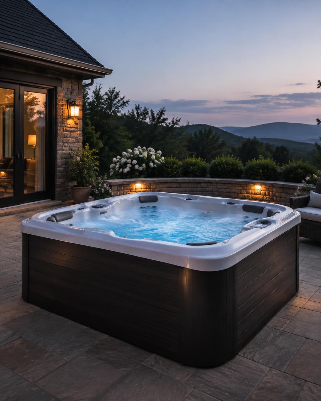 Clean residential spa with clear water on a tidy stone patio