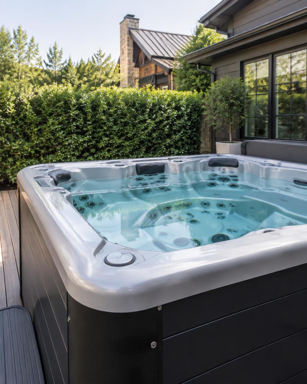 Clean outdoor spa with clear water and a spotless shell on a tidy patio