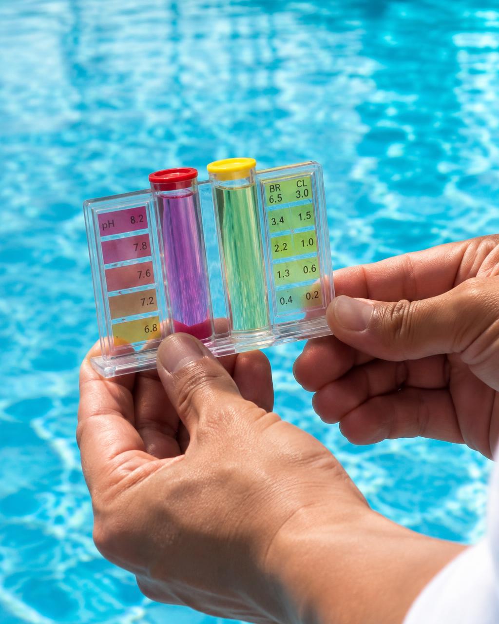Technician holding a pool water test kit over clear blue water