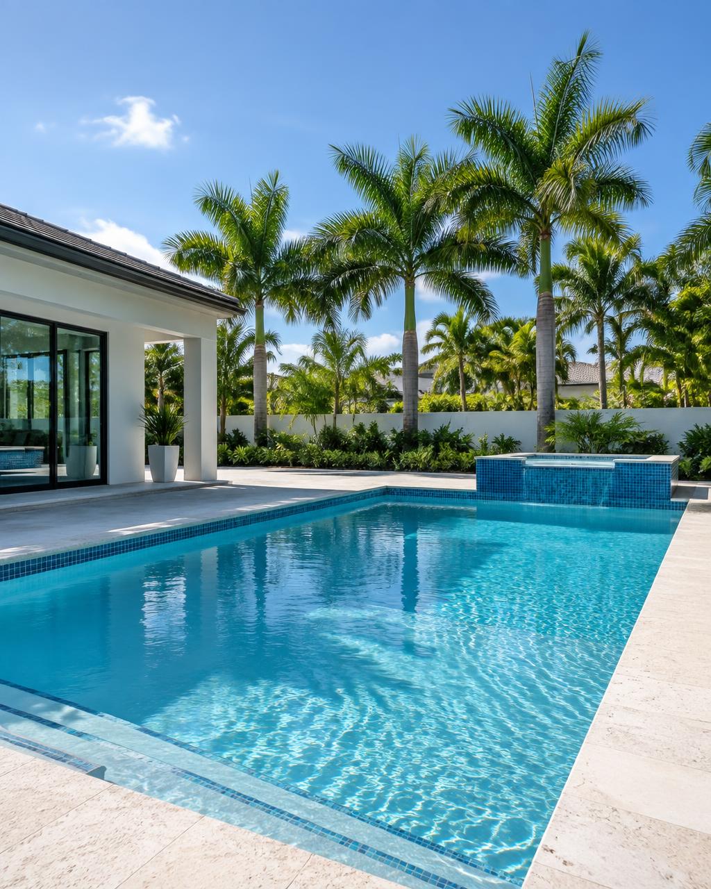 Pristine residential swimming pool with crystal clear blue water beside a modern home