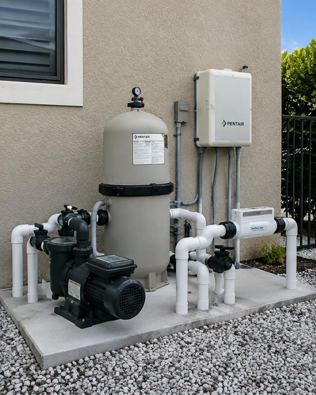 Residential pool equipment pad with pump, cartridge filter and salt chlorine generator