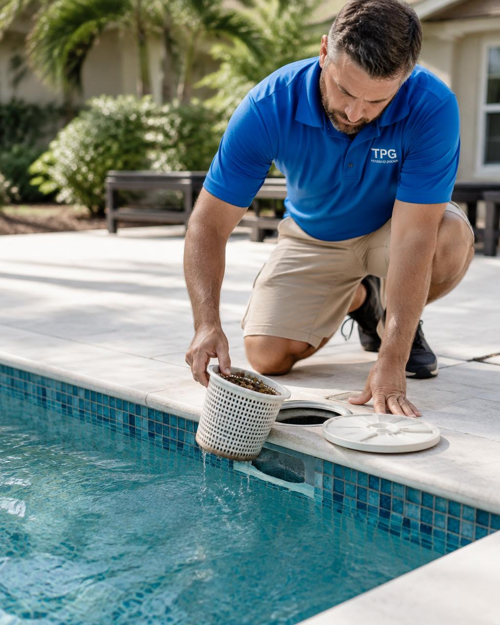 Pool service technician emptying a skimmer basket at the edge of a clean pool